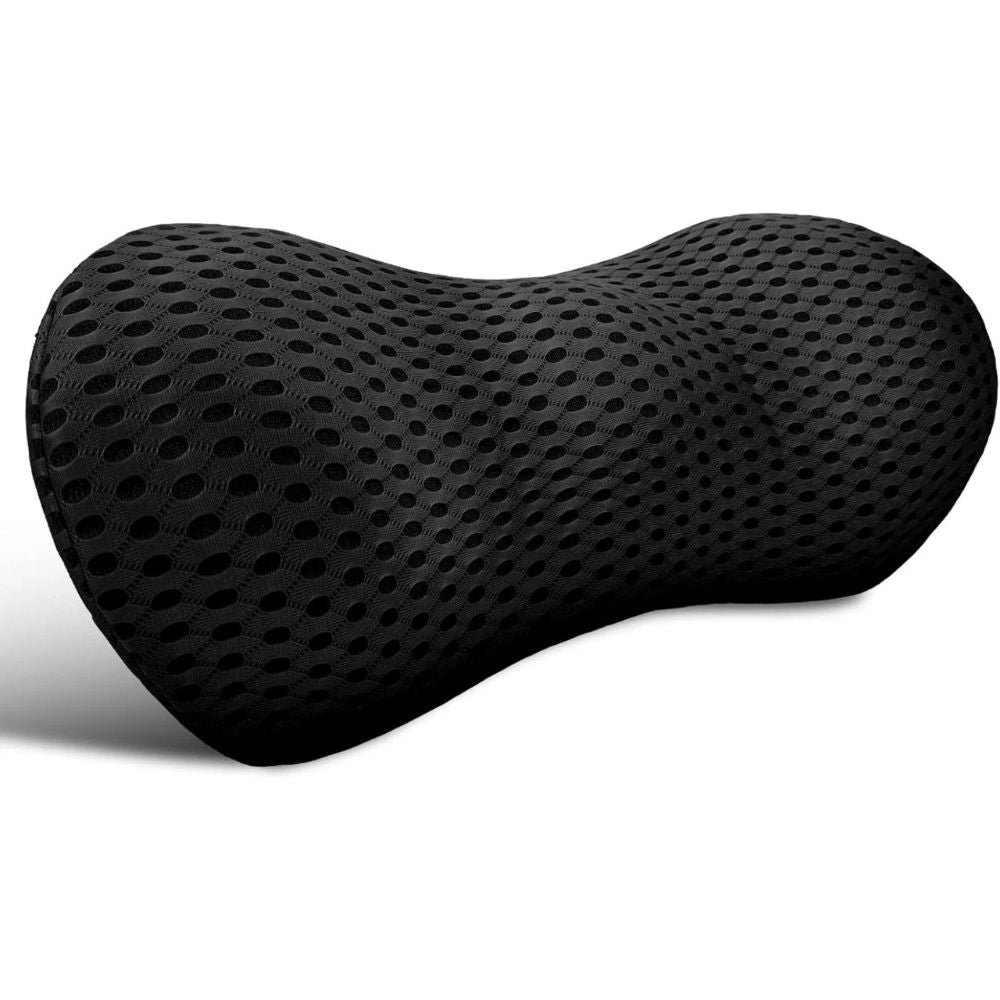 Black ergonomic lumbar support pillow with breathable 3D mesh cover, shown on white background