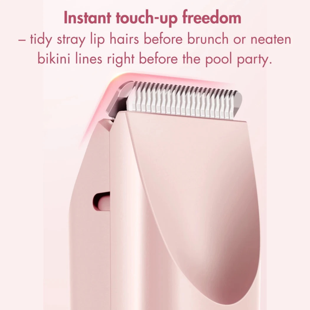 A close-up of a pink lip trimmer with text above reading 'Instant touch-up freedom' and a descriptive marketing blurb about tidy stray lip hairs before brunch or pool parties.
