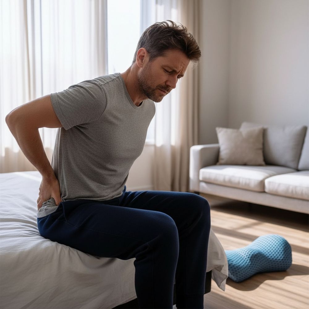 Man sitting on edge of bed holding his lower back in pain, with a blue lumbar support pillow on the floor beside him