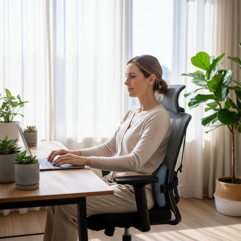 Woman sitting upright at a desk using a laptop with a lumbar support pillow behind her back in an ergonomic office chair