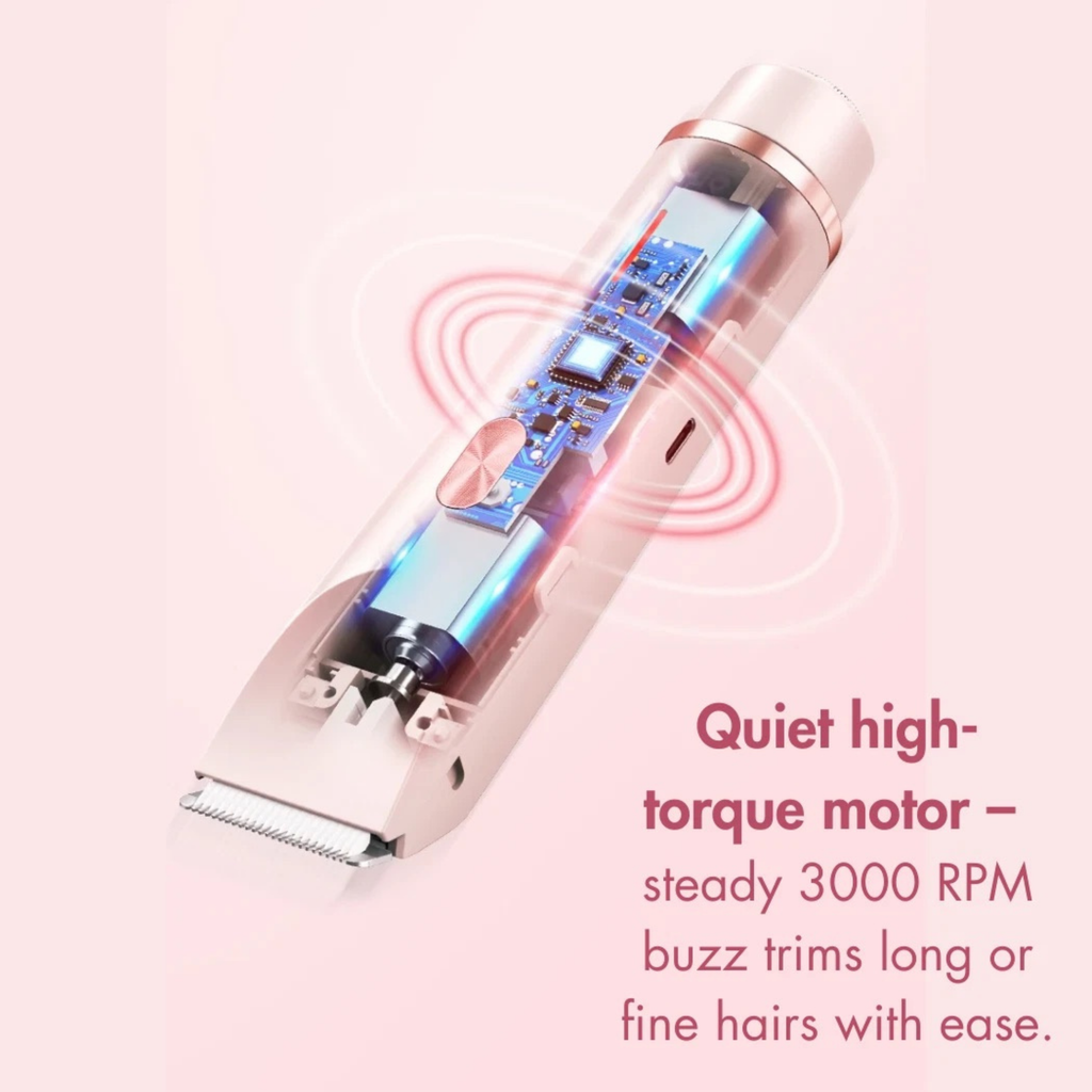 A close-up of a hair trimmer with a transparent body showing internal components, accompanied by red graphic wave lines and text that reads 'Quiet high-torque motor - steady 3000 RPM buzz trims long or fine hairs with ease.' on a soft pink background.