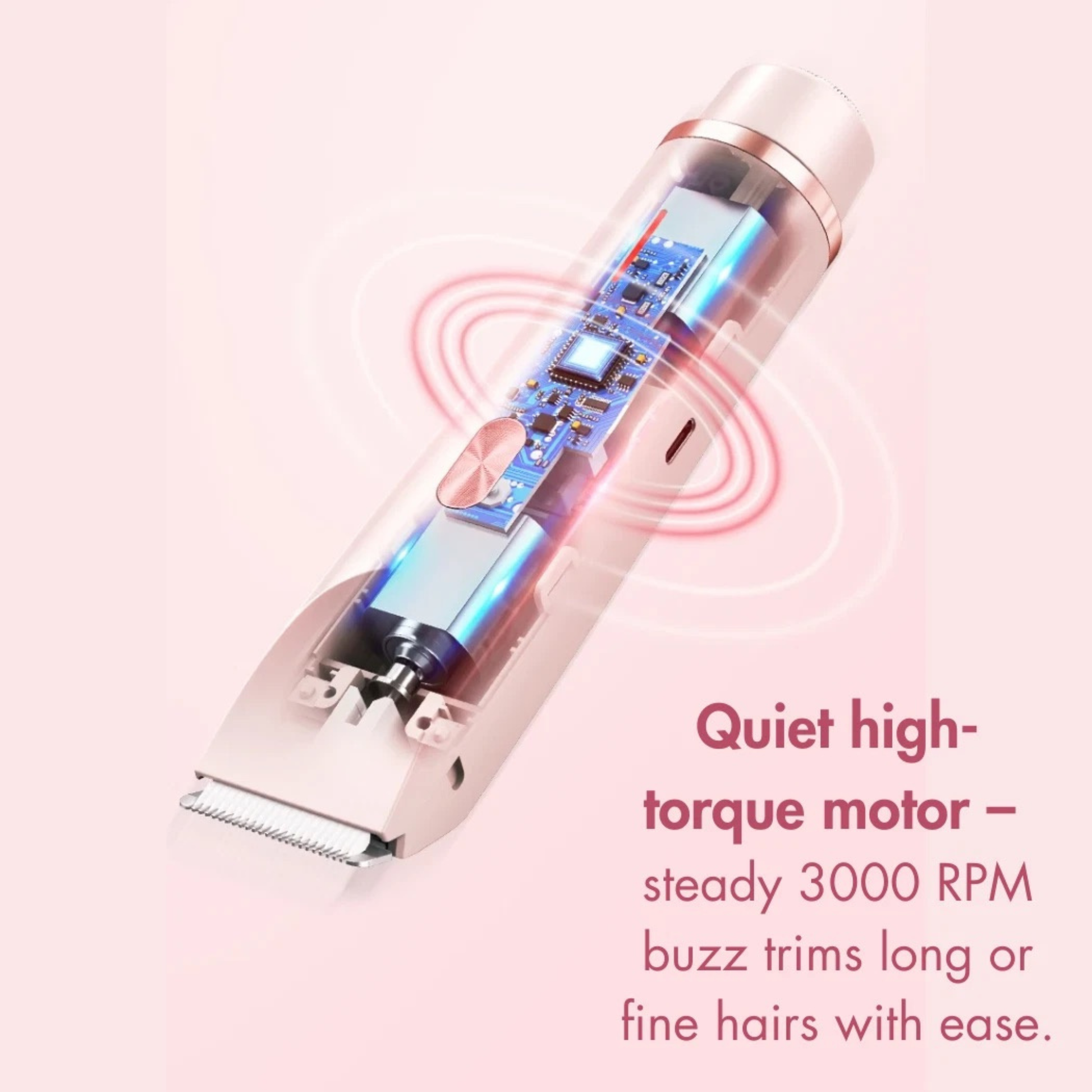 A close-up of a hair trimmer with a transparent body showing internal components, accompanied by red graphic wave lines and text that reads 'Quiet high-torque motor - steady 3000 RPM buzz trims long or fine hairs with ease.' on a soft pink background.