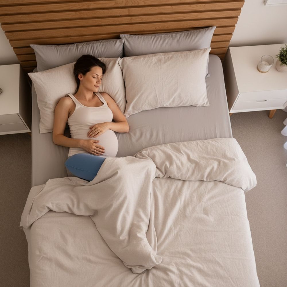 Pregnant woman lying on her side in bed with a blue lumbar support pillow supporting her lower back, aerial view