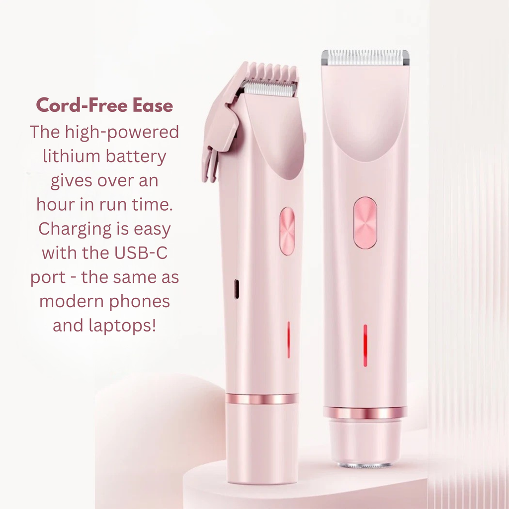 A cord-free electric hair trimmer set shown in a clean studio-style layout with descriptive text on the left. The set includes a handheld trimmer and a matching charging case, both in a soft blush pink color with rose gold metallic accents.