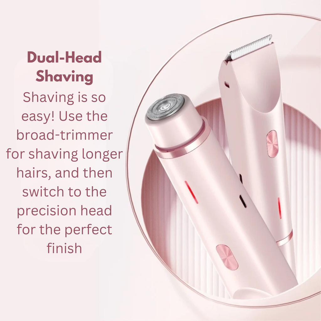 A dual-head electric shaver and trimmer set in pale pink, shown with promotional text on a soft pink background. The text reads 'Dual-Head Shaving' and describes using the broad trimmer for longer hair and the precision head for a closer finish.