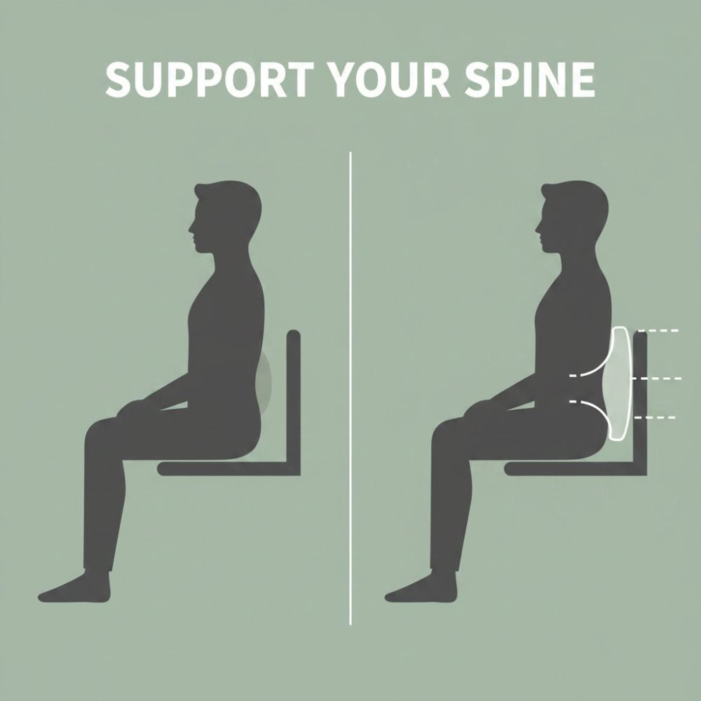 Infographic showing "Support Your Spine" with side-by-side silhouettes comparing sitting without and with a lumbar support pillow