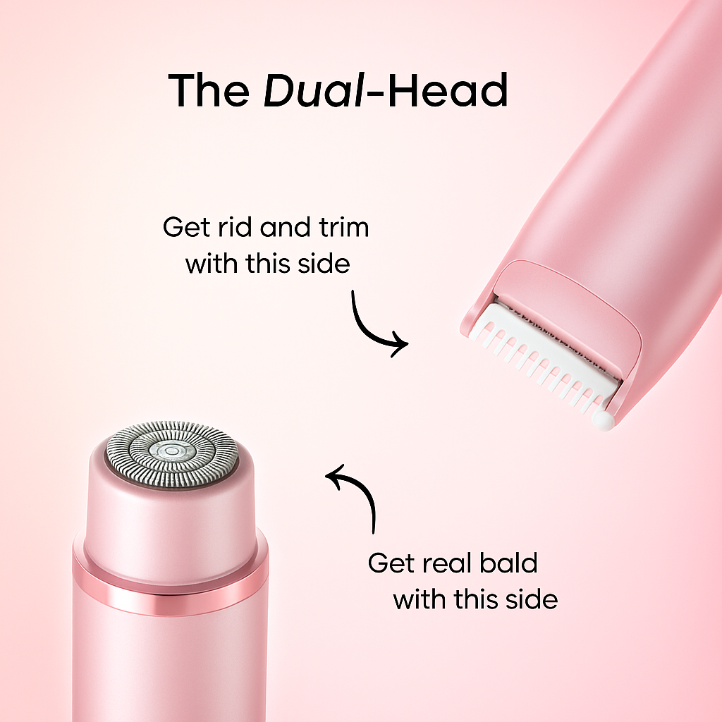 Pink dual-head grooming tool with text indicating different uses on a pink background