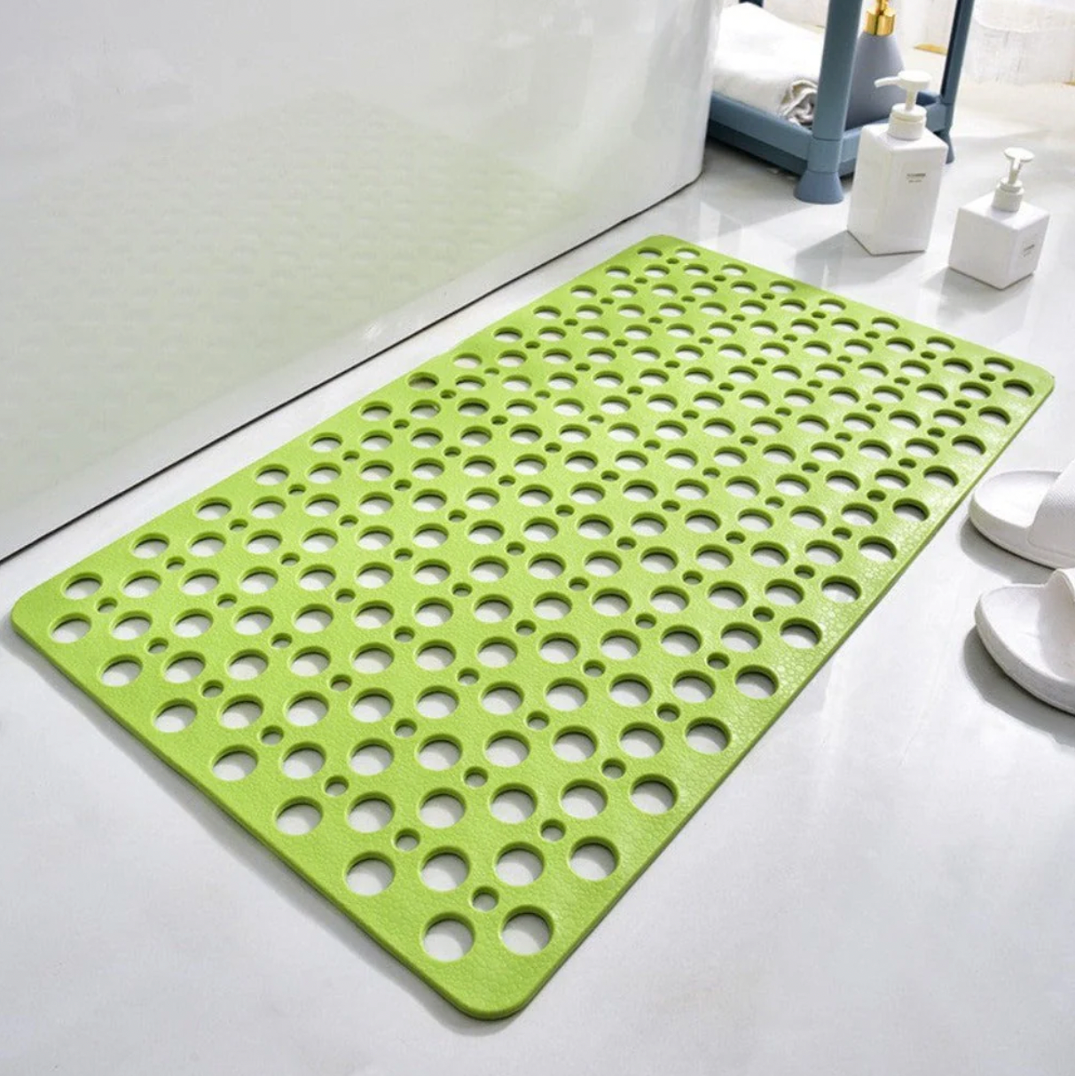 Green antibacterial suction shower mat with drainage holes for safe shower use

