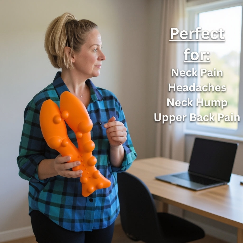 Woman in a plaid shirt holding an orange trigger point neck massager with text overlay listing uses: Neck Pain, Headaches, Neck Hump, Upper Back Pain