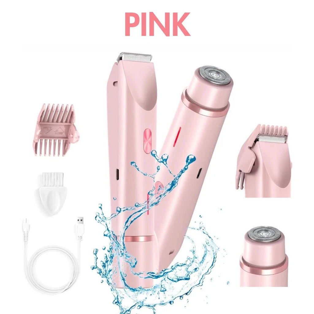 Pink electric hair trimmer set with two interchangeable heads, a guide comb, cleaning brush, charging cable, and water splash graphic on a white background, with the word PINK at the top.