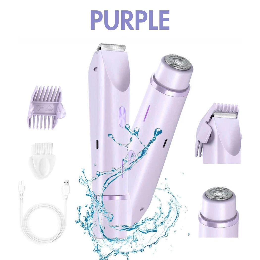 A lavender purple electric pet grooming trimmer set shown on a white background with the word 'PURPLE' at the top. The main product is the trimmer, with several interchangeable heads, a guide comb, a brush, and a charging cable arranged around it.